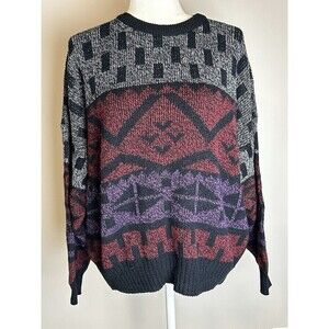 Vintage 80’s Blue Black Burgundy Knit Retro Geometric  Jumper Women’s Large